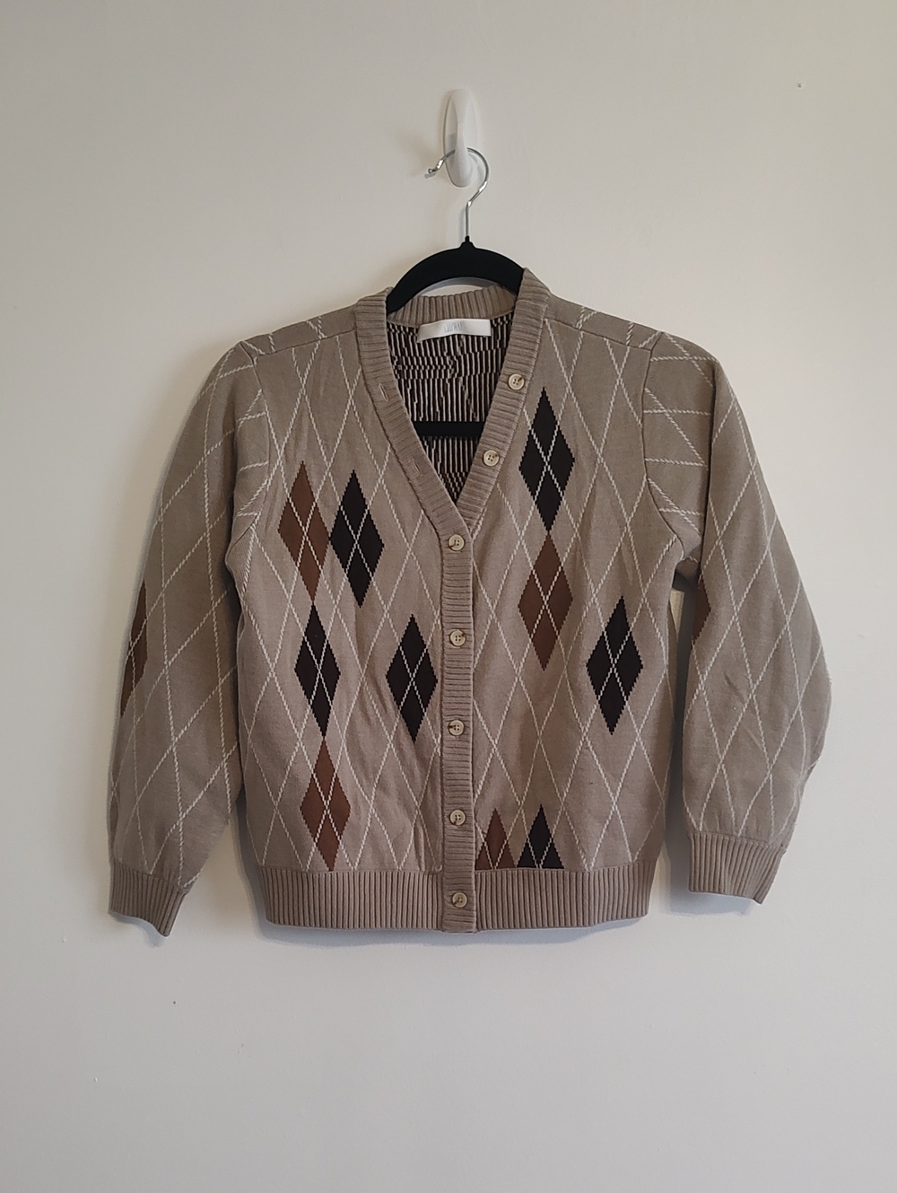Taupe Argyle Button-Front Cardigan Wool Blend Sweater